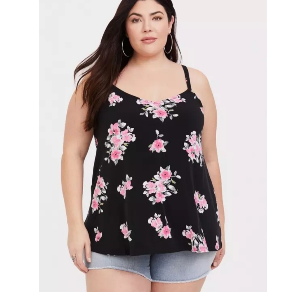 NWT Torrid Black Floral Studio Knit Swing Cami Color Red Rose Away Size 2 - Picture 2 of 14